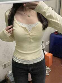 二合一碎花T恤 女式夏季休闲针织T恤上衣 春季 - 杏色 - 查看 4