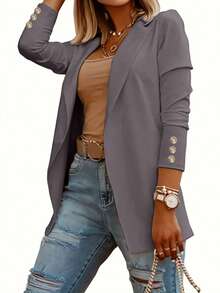 New Elegant Long Sleeve Lapel Blazer Jacket For Women Spring - Grey - View 2
