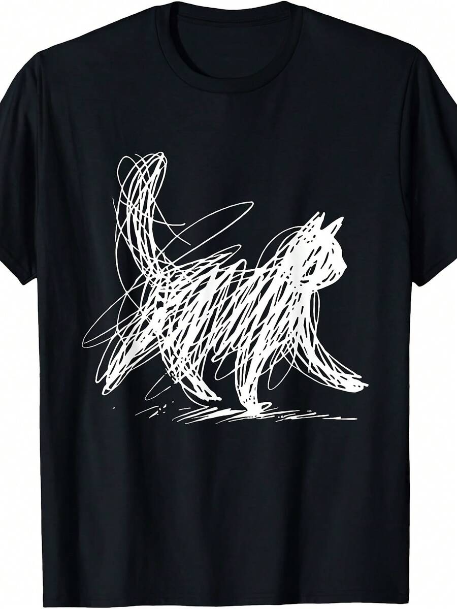 T-Shirt With An Abstract Cat Design In A Minimalist And Graffiti Style For Cat Lovers. - 黑色 - 查看 1