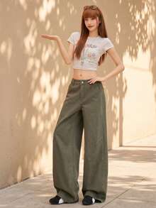 YEAE | Green Vintage Washed Distressed Loose Straight Leg Jeans For Men & Women Casual Fall - Dark Green - View 3