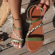 Sandal Wanita Model Bohemian Terbaru Musim Panas dengan Desain Daun Berhiaskan Berlian Imitasi, Nyaman, Elegan, Modis, Kasual, dan Serbaguna - Dark Green - View 12