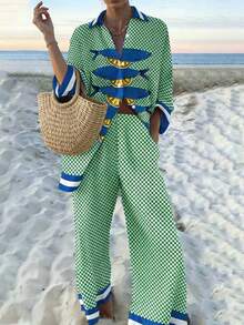 MOOSGOP Beach Vacation Series: Women's Loose Casual Plaid Patchwork Lemon & Sardine Print Long Sleeve Top And Pants Set, Autumn/Winter - Teal - View 4