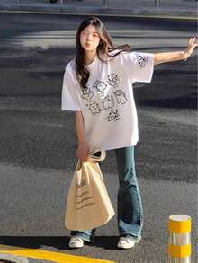 日系女式夏季宽松街头猫咪字母饼干图案休闲短袖T恤 - 白色 - 查看 5
