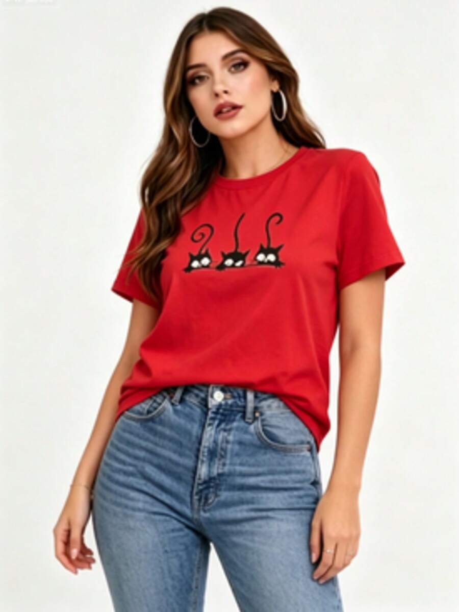 ¡CLICK AQUÍ! Imprescindible Prenda de Moda Camiseta de Manga Corta para Mujer con Estampado de Gatos - Modelo D7P014, Diseño Casual y Divertido para Looks Diarios - Rojo - Ver 1