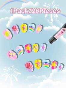 EBANKU 24pcs Kids Wearable Nails, Colorful Starfish Pattern Short Artificial Fake Nails, Suitable For Girls - Multicolor - View 3