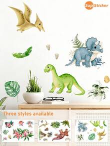 SUPSTICKER 1件水彩恐龍火山植物牆貼，PVC可撕貼可移除貼紙，12.79x18.62英吋，適用於牆面、櫃子、遊戲區 - 1PC - 查看 1