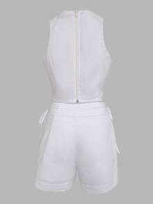 Conjunto de 2 piezas de verano con cuello halter, sin mangas, camiseta corta calada y pantalones cortos casuales con cordón - Blanco - Ver 6