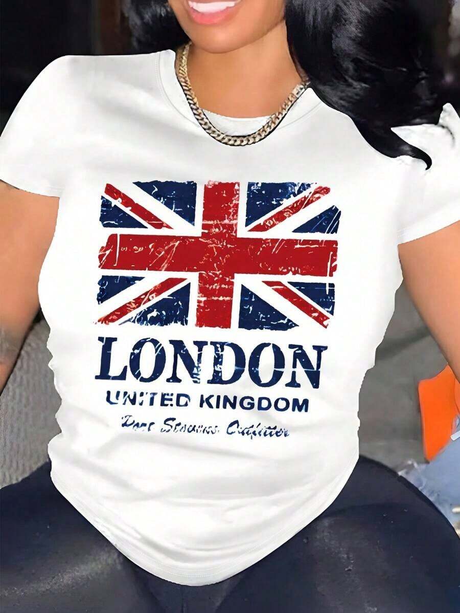 Camisetas Para MujerCamiseta De Manga Corta Informal Con Estampado De Transferencia De Calor De La Bandera Del Reino Unido De Londres, GráFicos De LONDRES REINO UNIDO Para Mujeres - Blanco - Ver 1