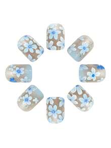 24pcs Short European Square False Nails, Blue Ditsy Floral Glitter Sweet Glitter False Nails, Wearable Nails, Removable Full Coverage Nails, Suitable For Parties, Proms, And Daily Wear - Baby Blue - View 3