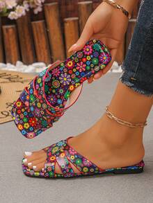 Floral Pattern Criss-Cross Design Flat Sandals, Colorful Open Toe Slippers Suitable For Women, Perfect For Summer Beach Vacation - Multicolor - View 2