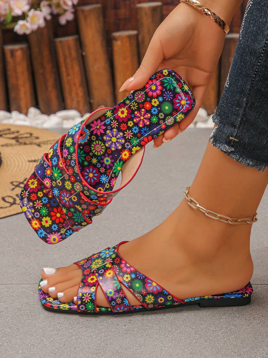 Floral Pattern Criss-Cross Design Flat Sandals, Colorful Open Toe Slippers Suitable For Women, Perfect For Summer Beach Vacation