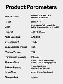 Lenovo LE232ANC Noise Cancelling Bluetooth Headphones, Half In-Ear Design With Battery Level Display, Large Dynamic Driver, Surround Sound, High-Definition Calls, Low Latency, Long Battery Life, Comfortable Silicone Wireless Earbuds Compatible With Smartphones And Computers - View 11