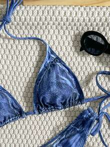 Bộ bikini buộc dây hở lưng in họa tiết denim dành cho nữ, đồ bơi thường ngày co giãn tốt. - Nhiều màu - Xem 4