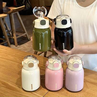 1 bình nước giữ nhiệt chất lượng cao 500ml/16.9oz có ống hút và tay cầm, thiết kế chữ tối giản, chất liệu thép không gỉ thời trang, phù hợp cho hoạt động ngoài trời, tập thể dục, du lịch và là món quà lý tưởng.