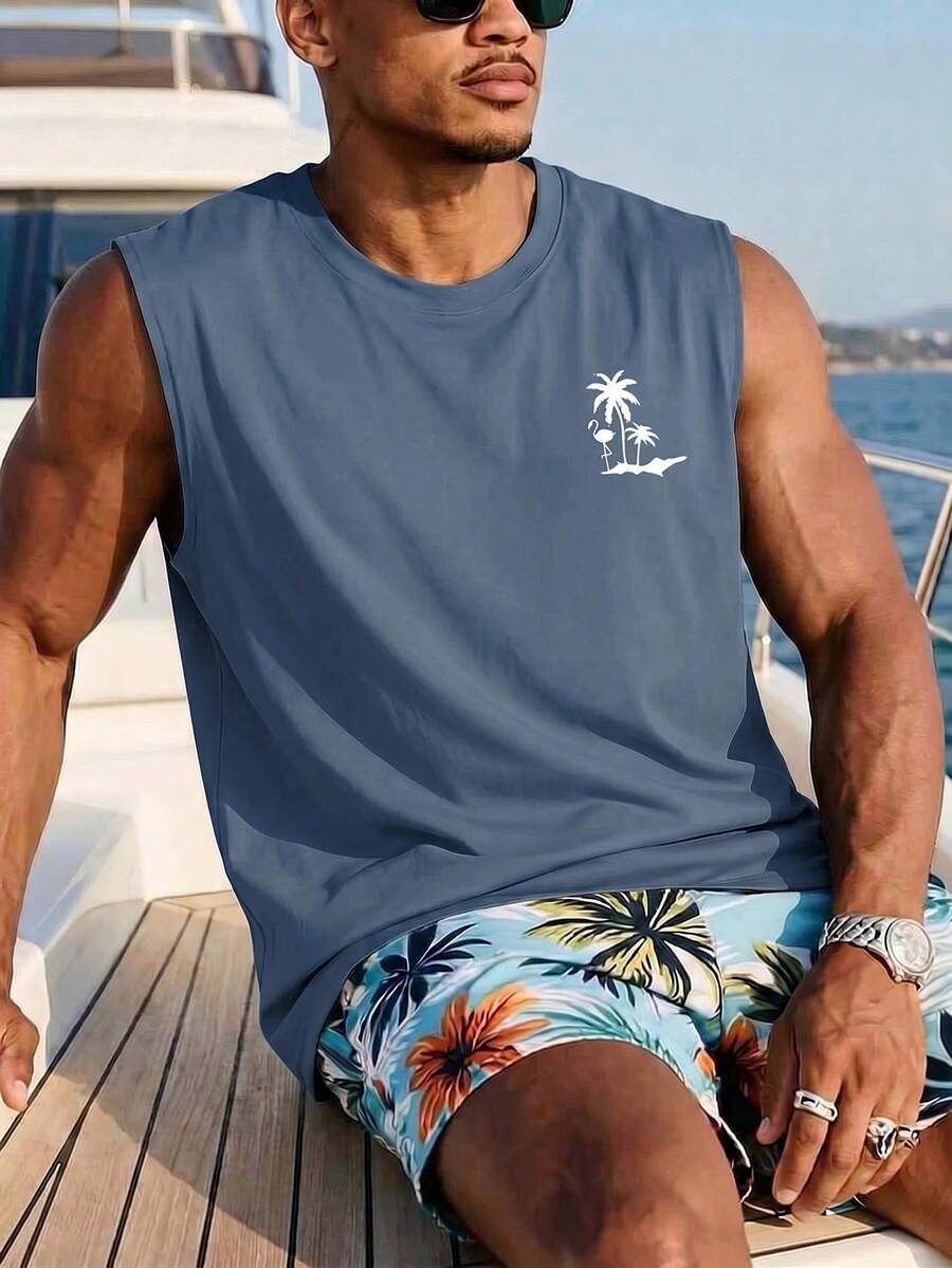 1件男士休閒椰子樹印花圓領背心，夏季海灘款 - 霧霾藍 - 查看 1
