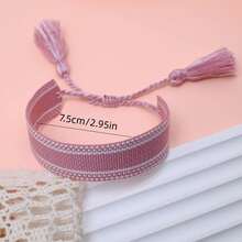 1pc Handmade Vintage Minimalist Boho Style Woven Bracelet, Suitable As Gift For Family, Friends, Students, Festivals, Parties, Traveling - Baby Pink - View 6