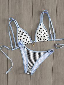 Bộ bikini gợi cảm in chấm bi mùa hè dành cho nữ, thích hợp đi nghỉ mát. - Màu xanh nhạt - Xem 2