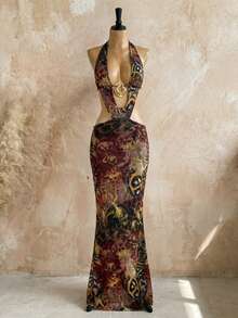 Sexy Cut Out Mesh Floral Maxi Dress Halter Neck Long Summer Dresses For Women Beach Vacation - màu nâu - Xem 7