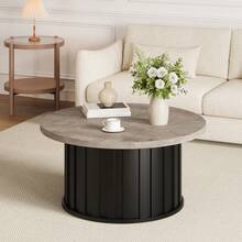 Mesa de centro redonda de diseño acanalado estilo moderno de mediados de siglo – Centro de mesa de 81 cm con base de metal resistente – Mesa auxiliar que ahorra espacio – Ideal para sala de estar, apartamento, espacios pequeños – Gris - Mesa redonda tipo barril - Ver 6