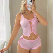 Lace Patchwork Bow Decor Cutout Chest Backless Crop Top And Super Low Waist High Slit Mini Shorts 2 Pieces Set Pink 2 Pieces Set - Amarillo - Ver 4