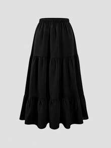 Falda elegante de primavera de unicolor hasta la pantorrilla, con cintura elástica y volantes en el bajo - Negro - Ver 3