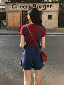 女士休闲宽松纯色牛仔连体裤，适合夏季穿着 - 藏蓝色 - 查看 5