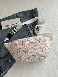 时尚蝴蝶结印花大容量斜挎包/腰包，男女通用，适合大学/学校、通勤/办公、节日/假期/聚会/旅行等场合。专为女性、职场新人、白领、年轻女孩和大学生设计。 - 白色 - 查看 4