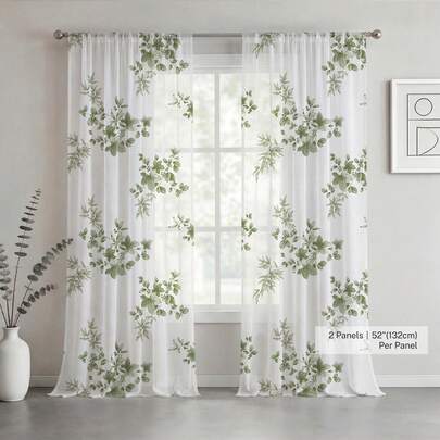 NOSBEI 2 Stücke /1 Stück erfrischend grüne Blumen Halbtransparent Vorhänge mit Gardinenband, Licht filternd, geeignet für Schlafzimmer, moderner Landhausstil, Größe 52" Breite * 84" Länge