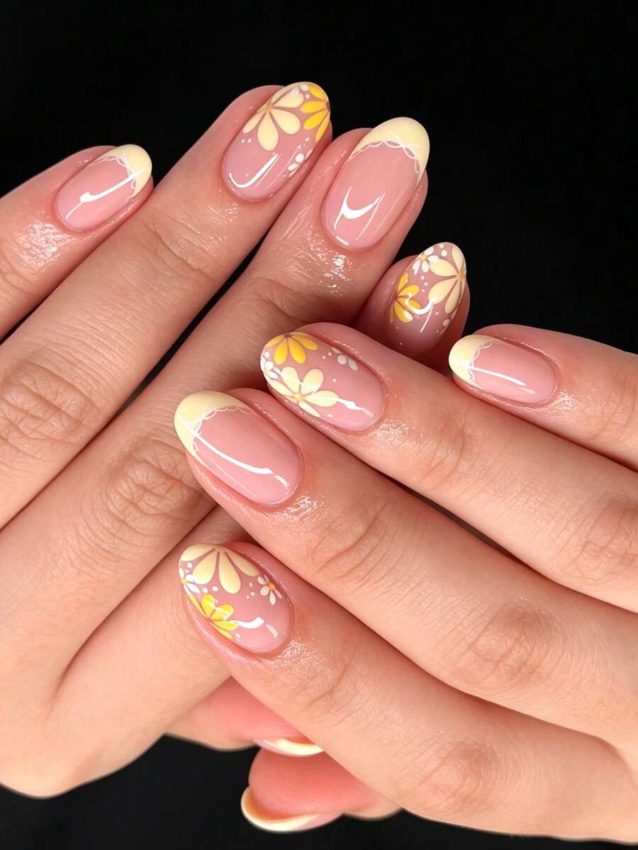 24片椭圆形仿指甲,经典优雅芥末黄花朵、圆点、条纹、蕾丝花卉法式亮面美甲假指甲,时尚百搭,适合约会、派对、春夏、秋冬日常佩戴,可卸式按压指甲套装,含果冻胶和指甲锉,果冻胶颜色随机发货 - 彩色 - 查看 1