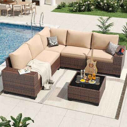 Aoxun Juego de Muebles de Patio de 6 Piezas, Mimbre de Ratán, Conjunto de Conversación para Exteriores con Mesa de Centro y Cojines de 4 Pulgadas de Grosor, Beige (Incluye Funda Impermeable)