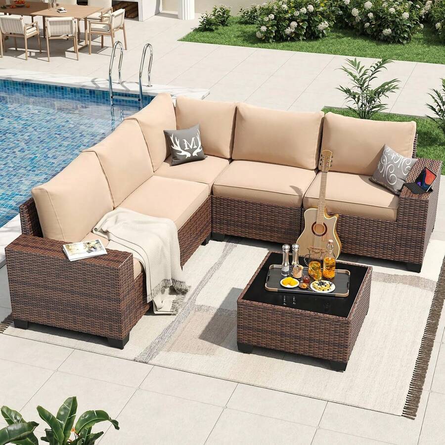 Aoxun Juego de Muebles de Patio de 6 Piezas, Mimbre de Ratán, Conjunto de Conversación para Exteriores con Mesa de Centro y Cojines de 4 Pulgadas de Grosor, Beige (Incluye Funda Impermeable) - 1 - Ver 1