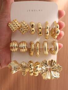 18/6pcs Fashion Earring Set, Exaggerated Elegant Long Earrings With Left And Right Flower Designs, Multi-Style Earring Set Suitable For Daily And Festival Wear, Made Of ABS Resin With UV Plated Non-Fading Gold - Gold - View 7