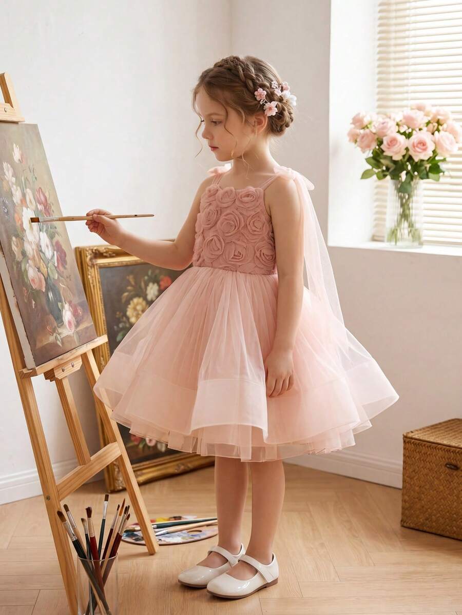 Ärmelloses Prinzessinnen-Partykleid für Kleine Mädchen mit Schleife, Tüll und rückenfreiem Design, geeignet für Geburtstagsfeier, Abschlussball, Schönheitswettbewerb, Blumenmädchen, Brautjungfer, Hochzeit, besondere Anlässe - Pink - Übersicht 1