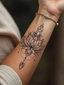 Mandala Lotus Flower Temporary Tattoo, Easy To Apply And Remove, Delicate Body Decoration Tattoo Sticker - Black - View 3