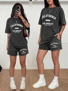 Loose-Fit Print 2pcs Set,Vintage Style T-Shirt+Matching Shorts Set,Y2K Streetwear Women's Clothing-Vacation Outfits Women's Washed Two-Piece Set - 黑色 - 查看 1