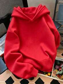 Solid Color Pullover Hoodie, Cute Women's Y2K Hoodie, Autumn Clothes For Women Back To School, Dropped Shoulder Long Sleeve Casual Women's Hoodie Sweatshirt, New Fall Fashion Comfortable Summer Shirt For Women, Winter Clothes For Women-New Autumn & Winter Drop: Oversized Casual Cotton-Blend Hoodie, Unisex - 紅色 - 查看 13