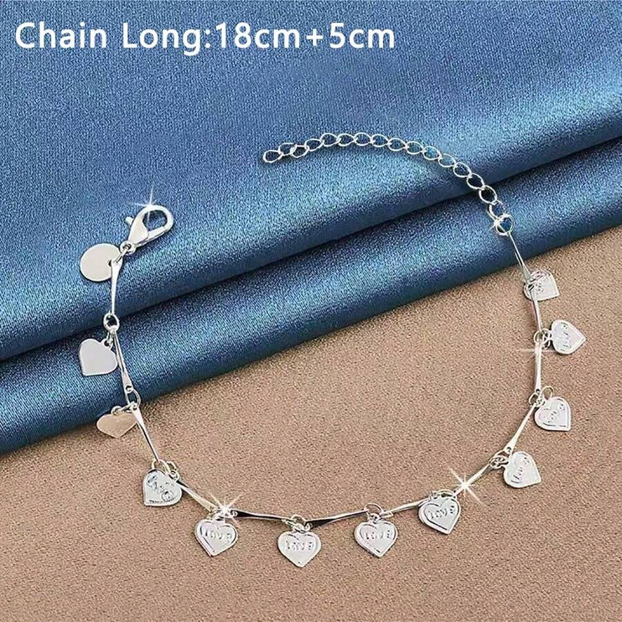 925 Sterling Silver Plated Small Heart Pendant Bracelet, Fashionable Jewelry Gift For Women, Suitable For Engagement, Wedding, Party, Daily Wear, 18+5cm - Silver - View 1
