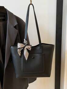 Bolso de mano de material de PU de unicolor con cierre de cremallera, cartera de mujer minimalista y clásica de uso múltiple, adecuada para compras, citas y viajes al trabajo - Negro - Ver 2