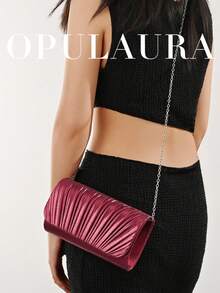 OpulAura Fashion 亮面光澤翻蓋晚宴包 高端奢華 PU 皮革派對手拿包 低調奢華閃亮晚宴包 禮服包 金屬感皮革女包 歐美風信封鏈條包 斜跨包 適合舞會、派對、雞尾酒會、生日派對禮服搭配，適合作為生日禮物、新娘手拿包 - 酒紅色 - 查看 8