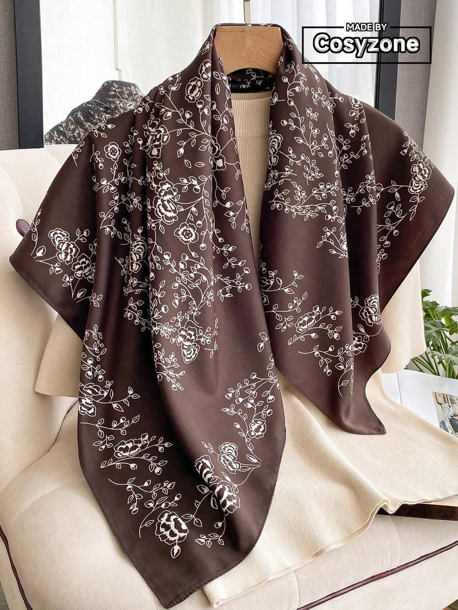 1件仿絲優雅花卉印花90cm斜紋正方形女用方巾 時尚百搭絲巾 頭巾 外穿防曬裝飾頸巾 適合日常出遊 - 咖啡棕 - 查看 1