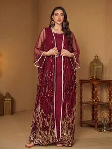 Đầm dạ hội dài tay phối sequin SUPGIR [Họa tiết ngẫu nhiên] dành cho nữ, có thể mặc hai mặt, kèm thắt lưng. - Màu Đỏ Sâu - Xem 2