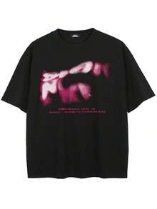 Camiseta negra con letras borrosas y gráfico azul - Rojo - Ver 2