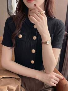 優雅年輕女性黑色條紋紋理短袖立領短版羊毛開襟衫，女士休閒性感辣妹上衣夏季款 - 黑色 - 查看 6