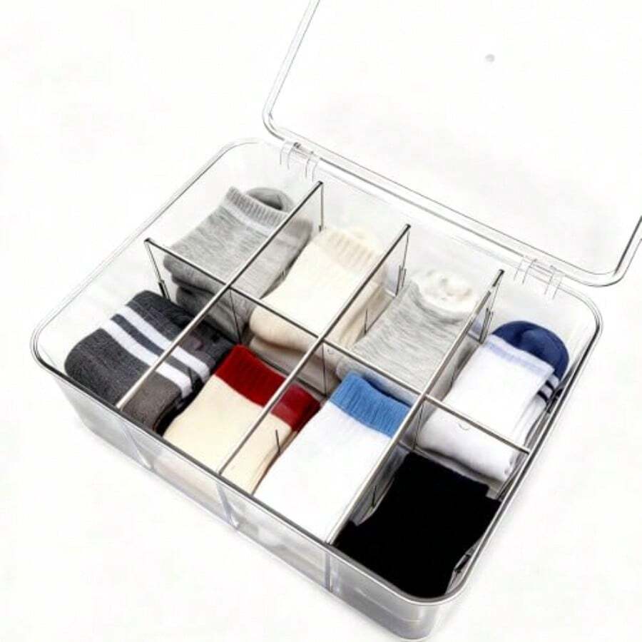 Sock Underwear Dresser Drawer Organizer With Dividers Clear 8 Grids Plastic Storage Box Bin With Lid Small Parts Bead Container For Jewelry Earring Scarves Ties Bras Crafts Fishing Tackle - 8 Grids - View 1