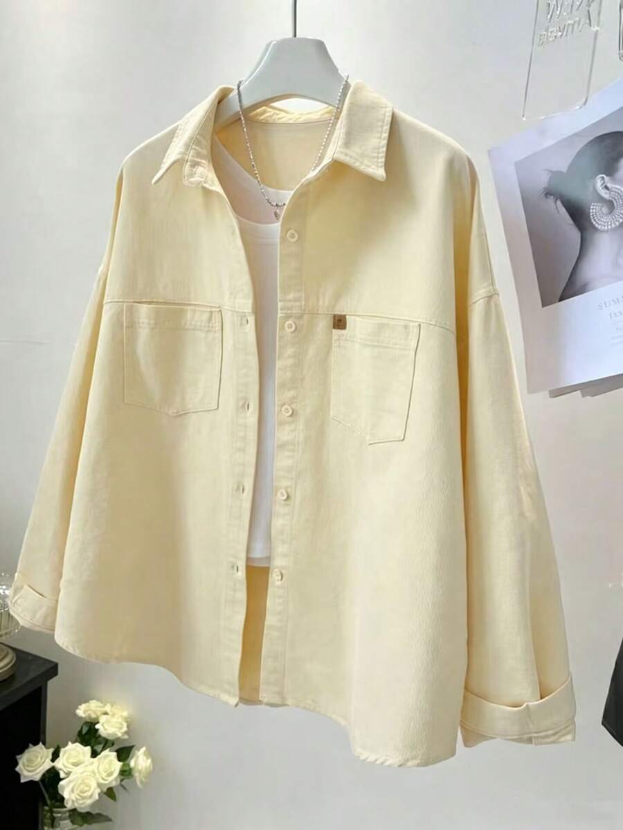 Women's Solid Color Front Button Pocket Casual Shirt - Light Yellow - View 1
