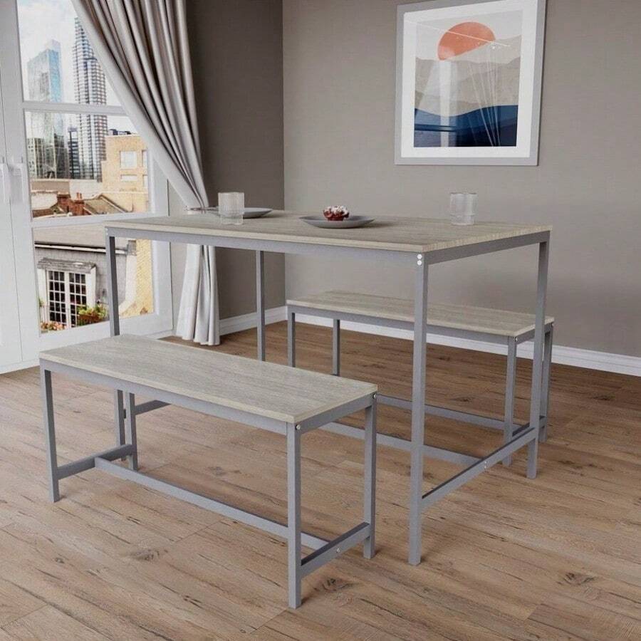 Kitchen Dining Table And Bench Set, Modern 4 Seater Dining Table With Bench Set Metal Frame Wooden Kitchen Dining Room Furniture - Oak - View 1