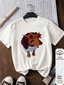 Estampado de Dachshund, Camisetas de Manga Corta 100% Algodón para Mujer de Verano, Camisetas de Manga Corta Blancas, Camisetas con Estampados, Ropa Blanca de Verano, Ropa Casual de Verano, Camisetas de Algodón, Tops, Ropa para la Vuelta al Cole, Ideas de Ropa Escolar, Artículos Esenciales para la Vuelta al Cole, Ropa para el Primer Día de Clases, Ropa para la Vuelta al Cole 2026 - Blanco - Ver 6