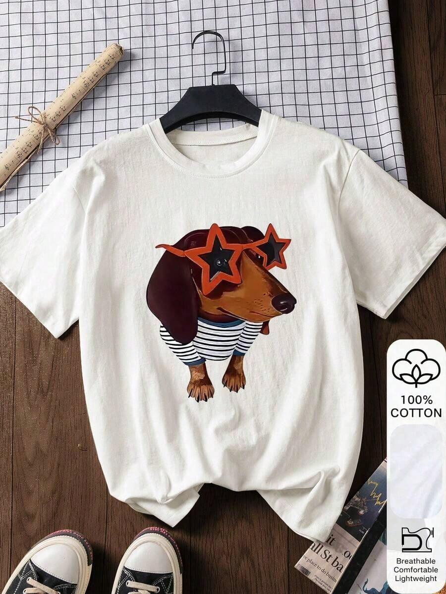 Dachshund Print, Women's 100% Cotton Short Sleeve T-Shirt For Summer, Graphic Tee, Casual Summer Cotton T-Shirt, Going Out Top, Back To School 2026 White - 白色的 - 查看 1