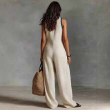 2026 European And American Women's Simple Linen Blend Sleeveless Jumpsuit With Zipper And Stand-Up Collar Decorated With Embroidery, Conjunto Para Hombre - Xanh nhạt - Xem 5