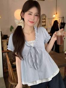 Áo thun ngắn tay 2 trong 1 dáng rộng, thắt nơ, kẻ sọc xanh dương, thoáng mát, thích hợp cho mùa hè. - Màu xanh lam - Xem 2